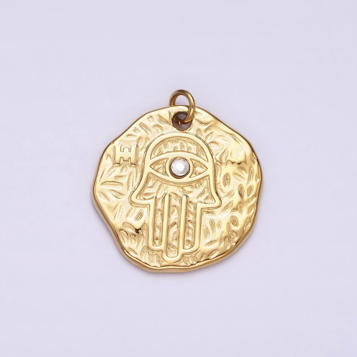 Stainless Steel Clear CZ Evil Eye Hamsa Hand Dented Abstract Round Charm in Gold &amp; Silver | P1288