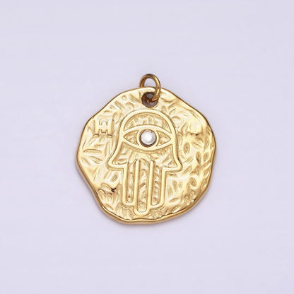Stainless Steel Clear CZ Evil Eye Hamsa Hand Dented Abstract Round Charm in Gold &amp; Silver | P1288