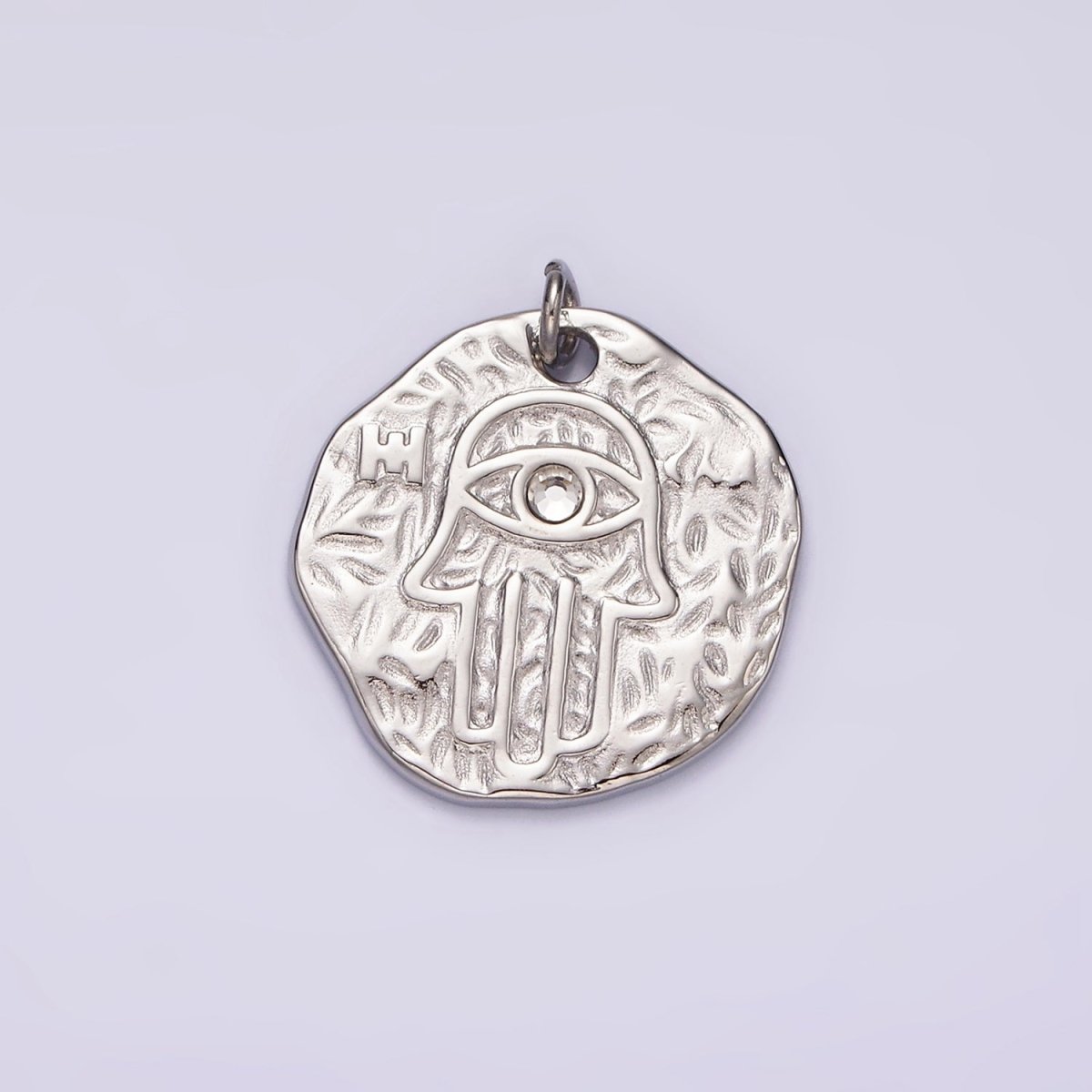 Stainless Steel Clear CZ Evil Eye Hamsa Hand Dented Abstract Round Charm in Gold &amp; Silver | P1288