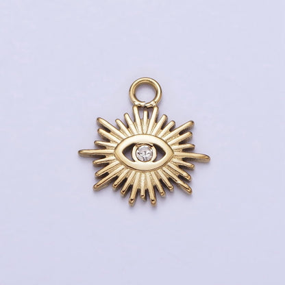 Stainless Steel Clear CZ Evil Eye Sunburst Protection Charm in Gold &amp; Silver | P-888