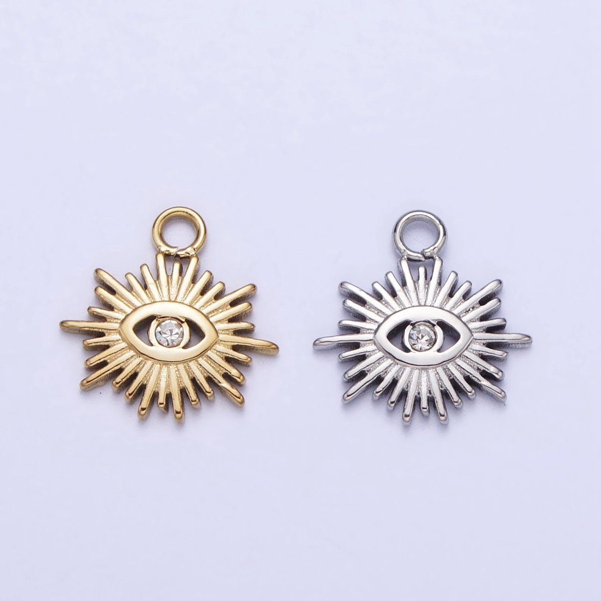 Stainless Steel Clear CZ Evil Eye Sunburst Protection Charm in Gold &amp; Silver | P-888