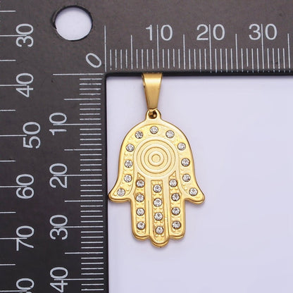Stainless Steel Clear CZ Lined Hamsa Hand Pendant in Gold &amp; Silver | P-728