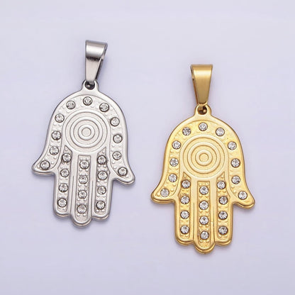 Stainless Steel Clear CZ Lined Hamsa Hand Pendant in Gold &amp; Silver | P-728