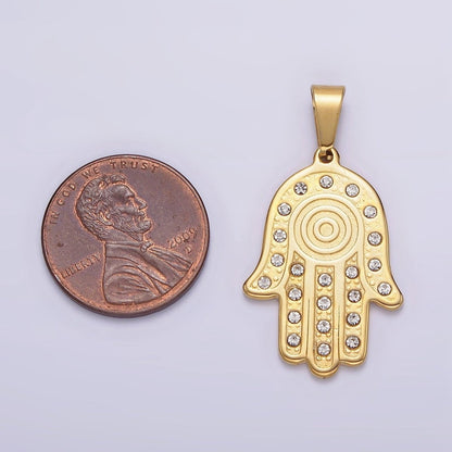 Stainless Steel Clear CZ Lined Hamsa Hand Pendant in Gold &amp; Silver | P-728