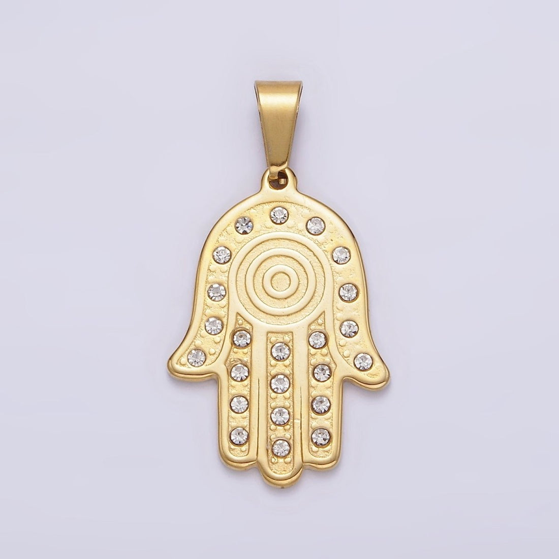 Stainless Steel Clear CZ Lined Hamsa Hand Pendant in Gold &amp; Silver | P-728