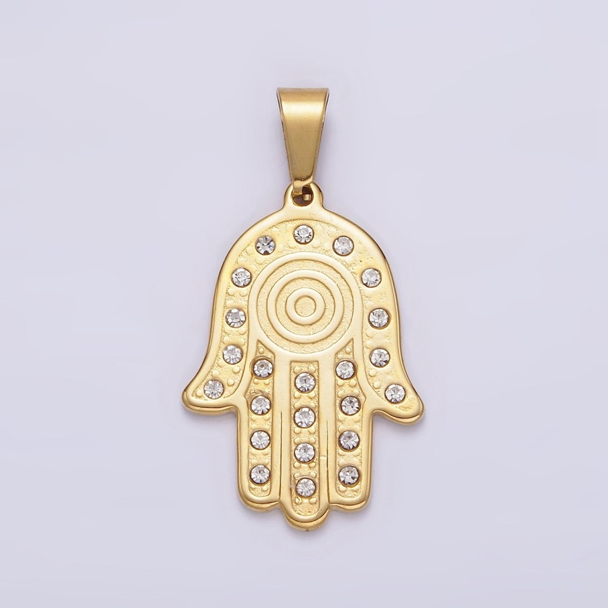 Stainless Steel Clear CZ Lined Hamsa Hand Pendant in Gold &amp; Silver | P-728