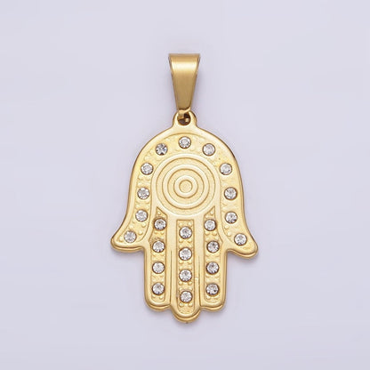 Stainless Steel Clear CZ Lined Hamsa Hand Pendant in Gold &amp; Silver | P-728