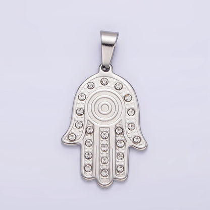 Stainless Steel Clear CZ Lined Hamsa Hand Pendant in Gold &amp; Silver | P-728