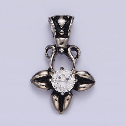 Stainless Steel Clear CZ Round Geometric Flower Petal Open Passion Cross Bail Pendant | P-810