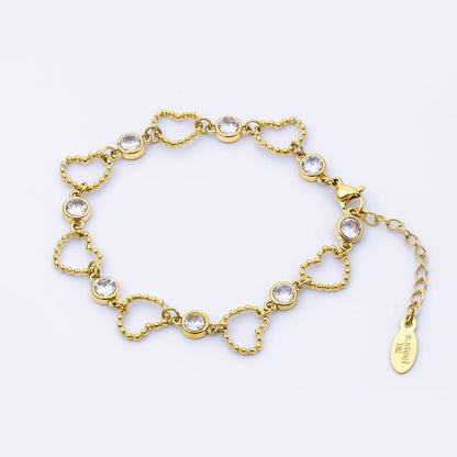 18K Gold PVD Stainless Steel Clear CZ Round Open Beaded Bubble Heart 6.5 Inch Bracelet | WA-04009