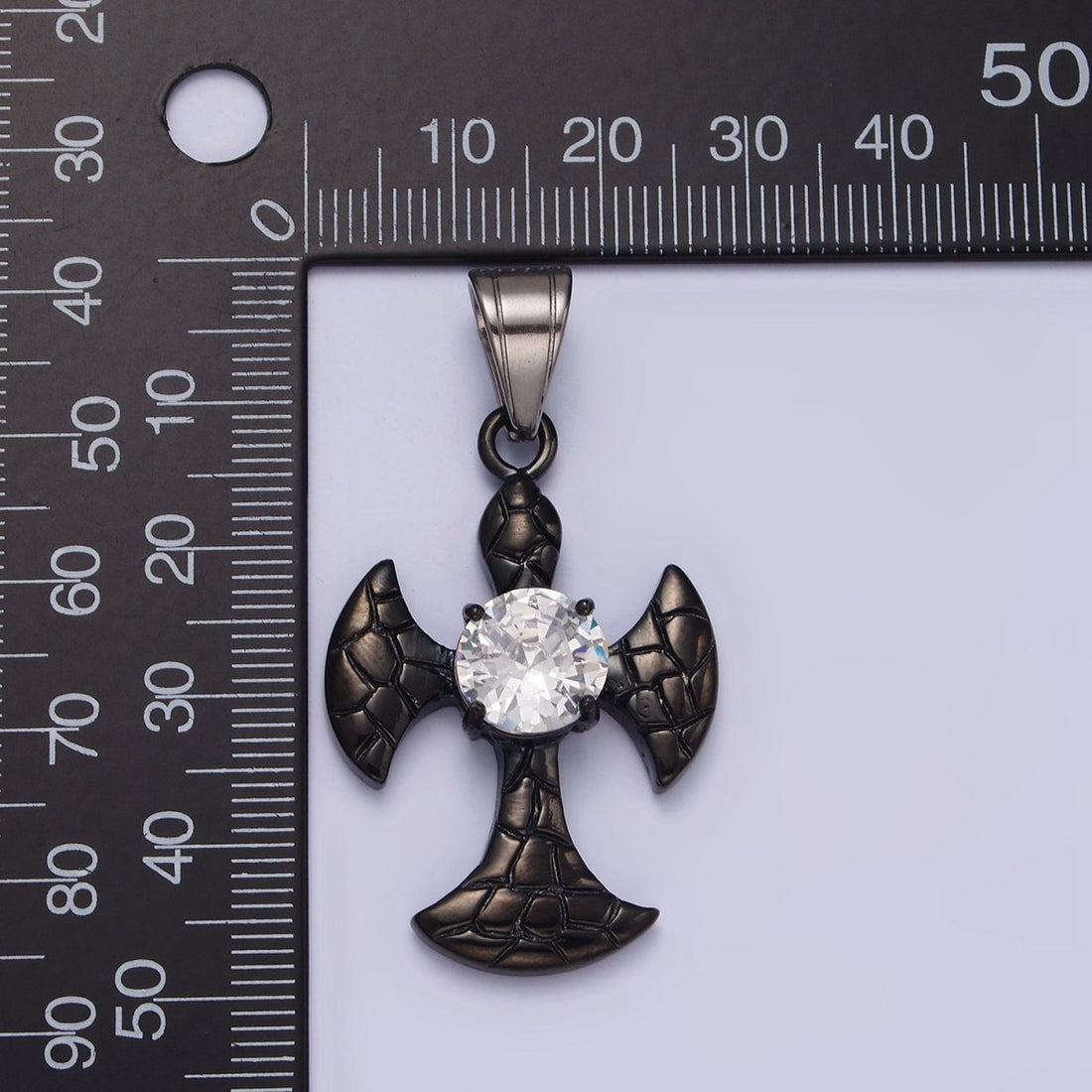 Stainless Steel Clear CZ Round Scaled Religious Pattee Cross Black Pendant | P-807