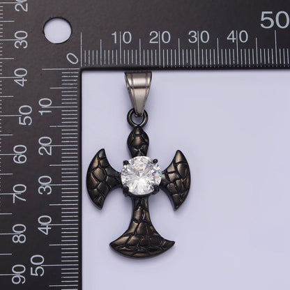 Stainless Steel Clear CZ Round Scaled Religious Pattee Cross Black Pendant | P-807