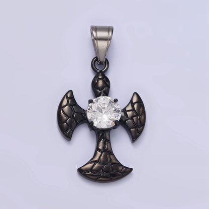 Stainless Steel Clear CZ Round Scaled Religious Pattee Cross Black Pendant | P-807