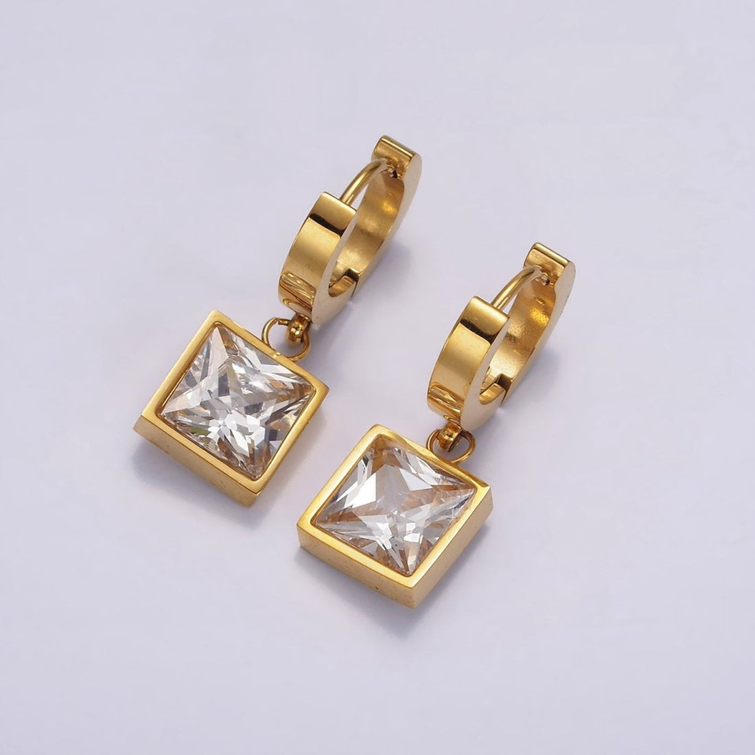 Stainless Steel Clear CZ Square Drop Huggie Earrings in Gold &amp; Silver | AE397 AE398