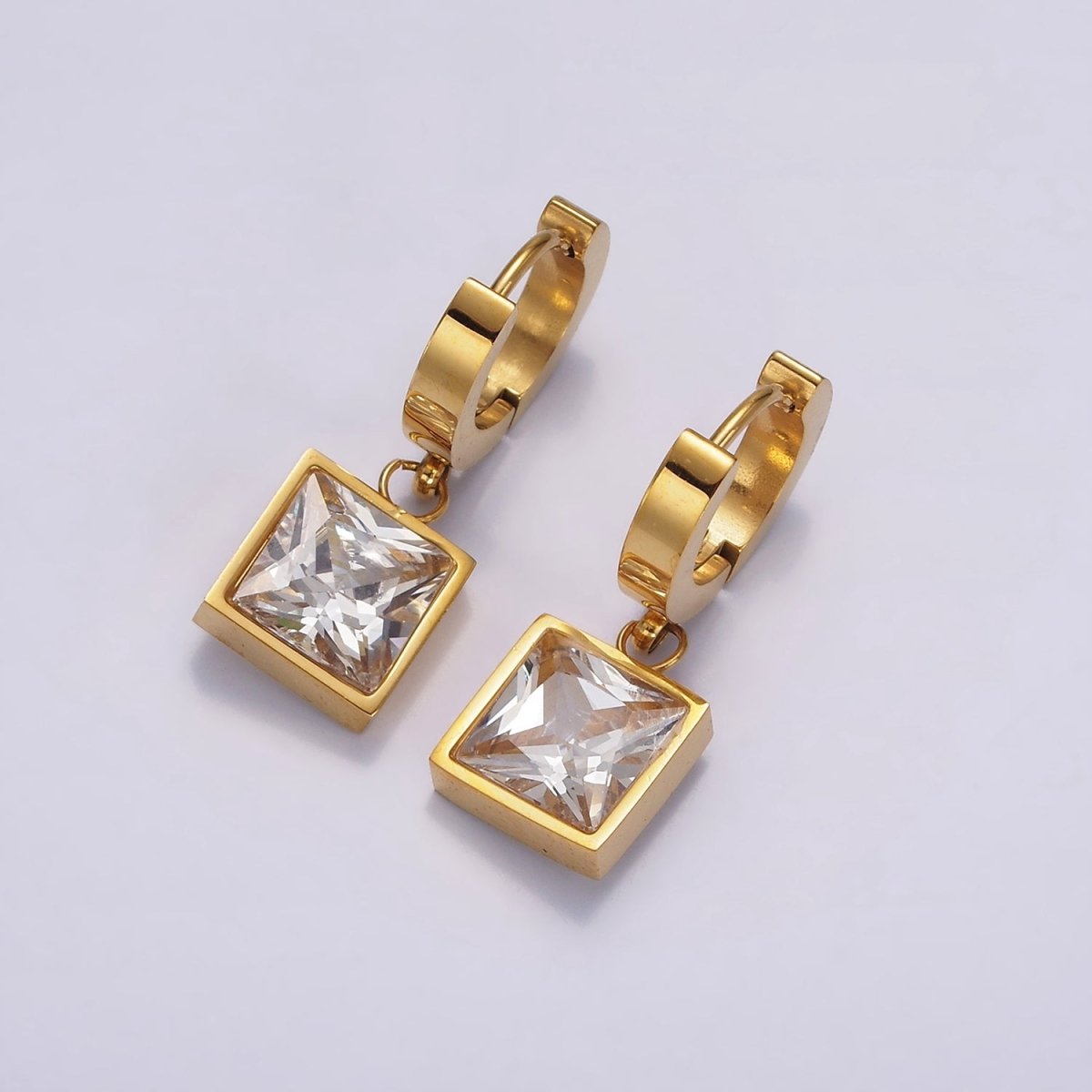 Stainless Steel Clear CZ Square Drop Huggie Earrings in Gold &amp; Silver | AE397 AE398