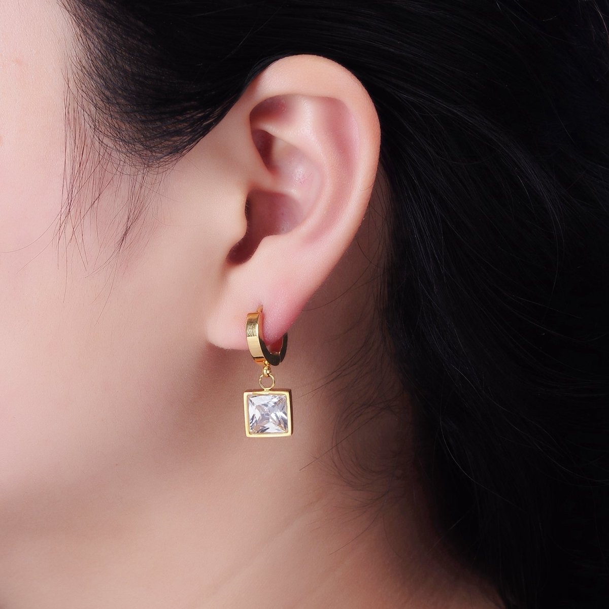 Stainless Steel Clear CZ Square Drop Huggie Earrings in Gold &amp; Silver | AE397 AE398