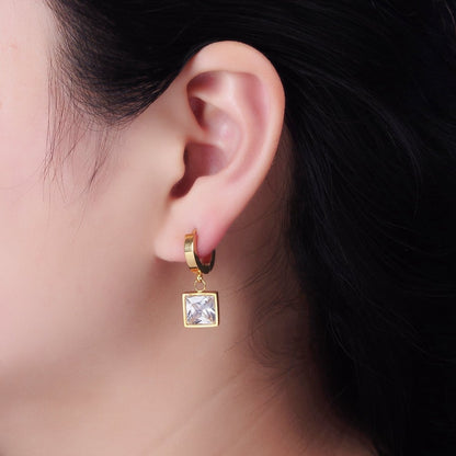 Stainless Steel Clear CZ Square Drop Huggie Earrings in Gold &amp; Silver | AE397 AE398