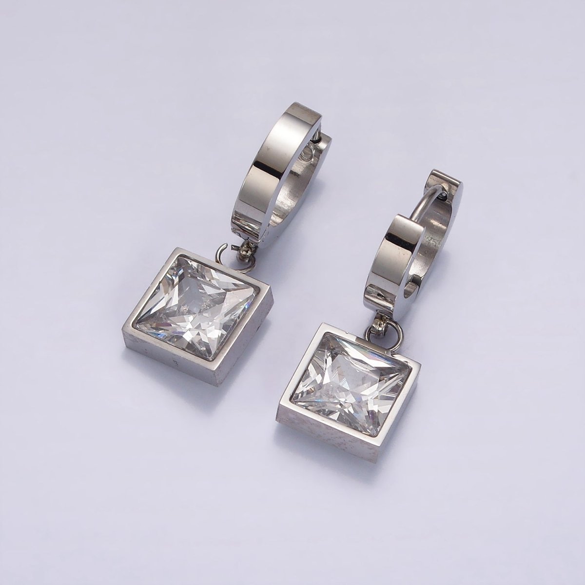 Stainless Steel Clear CZ Square Drop Huggie Earrings in Gold &amp; Silver | AE397 AE398
