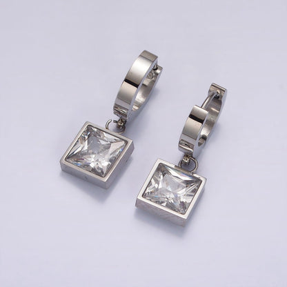 Stainless Steel Clear CZ Square Drop Huggie Earrings in Gold &amp; Silver | AE397 AE398