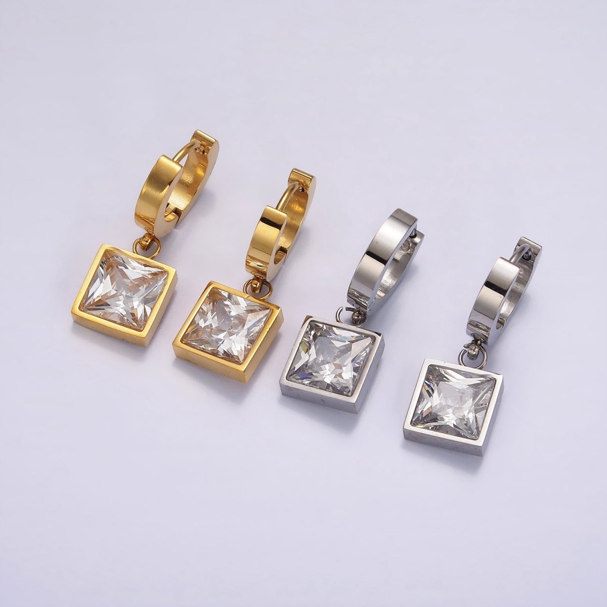 Stainless Steel Clear CZ Square Drop Huggie Earrings in Gold &amp; Silver | AE397 AE398