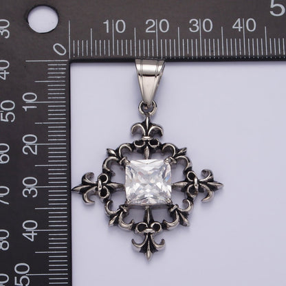 Stainless Steel Clear CZ Square Multiple Fleur De Lis Open Round Compass Pendant | P-829