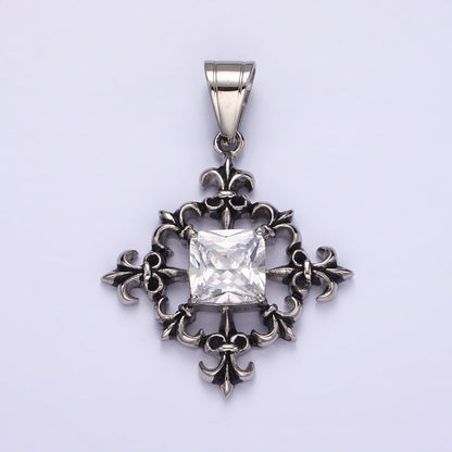 Stainless Steel Clear CZ Square Multiple Fleur De Lis Open Round Compass Pendant | P-829