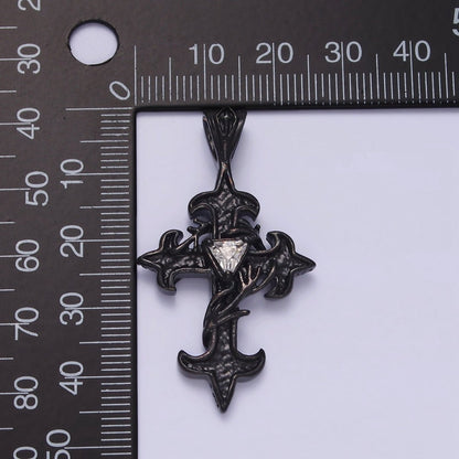 Stainless Steel Clear CZ Triangle Vine Wrapped Sharp Fleury Cross Black Pendant | P-809