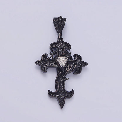 Stainless Steel Clear CZ Triangle Vine Wrapped Sharp Fleury Cross Black Pendant | P-809