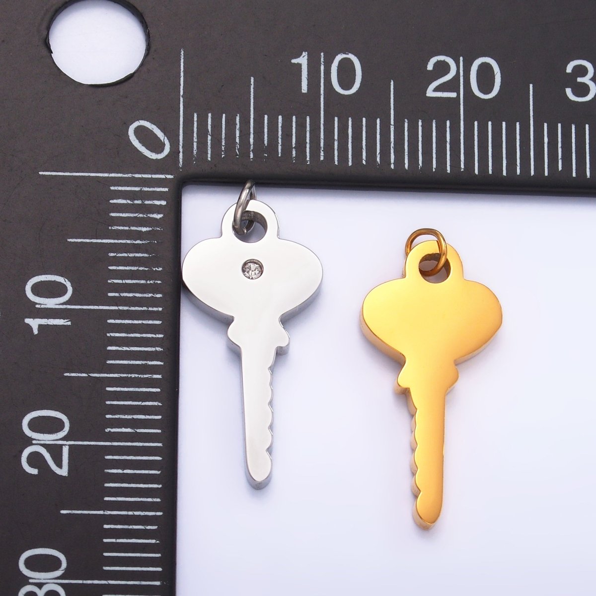 Stainless Steel Clear CZ Vintage Key Charm in Gold &amp; Silver | P849