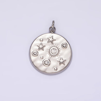 Stainless Steel Clear, Green CZ Celestial Sun Star Hammered Round Charm in Gold &amp; Silver | P675