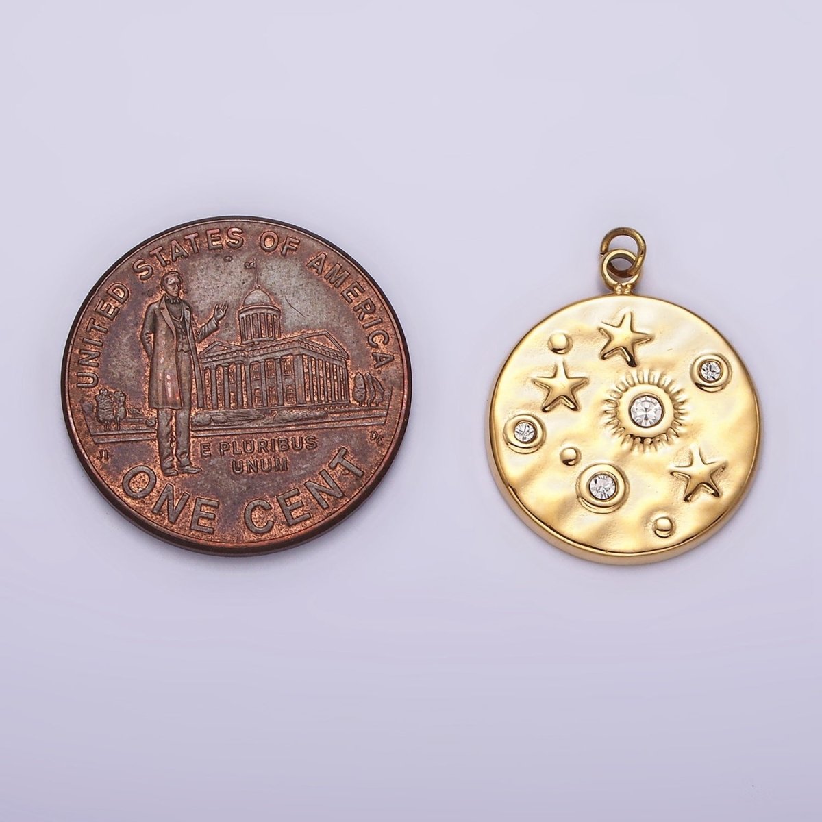 Stainless Steel Clear, Green CZ Celestial Sun Star Hammered Round Charm in Gold &amp; Silver | P675