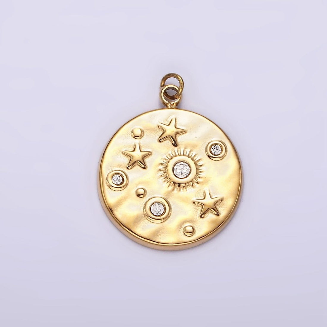 Stainless Steel Clear, Green CZ Celestial Sun Star Hammered Round Charm in Gold &amp; Silver | P675