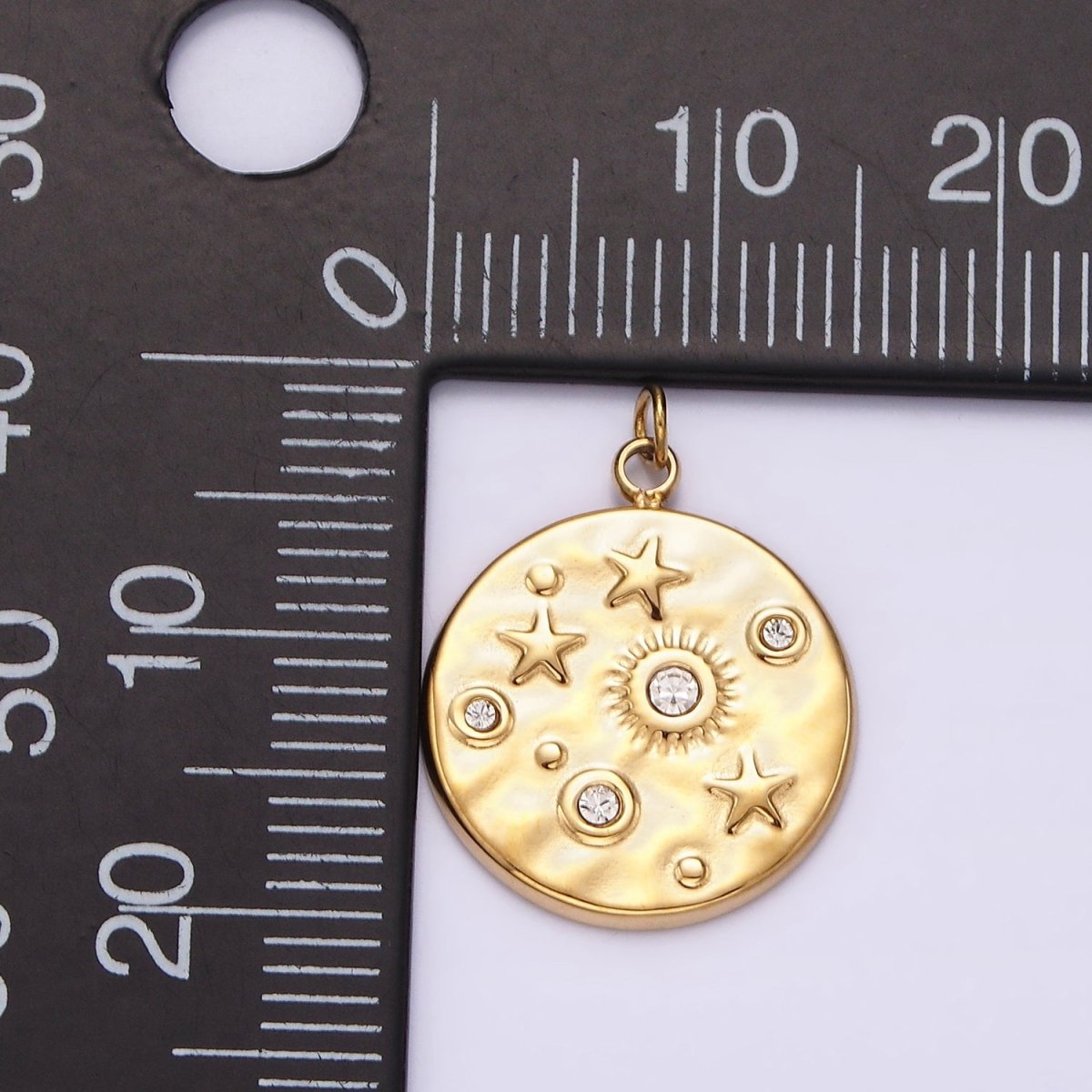 Stainless Steel Clear, Green CZ Celestial Sun Star Hammered Round Charm in Gold &amp; Silver | P675