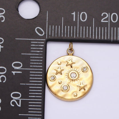 Stainless Steel Clear, Green CZ Celestial Sun Star Hammered Round Charm in Gold &amp; Silver | P675