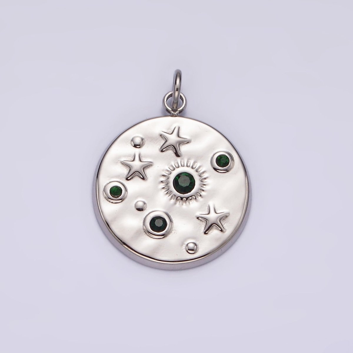 Stainless Steel Clear, Green CZ Celestial Sun Star Hammered Round Charm in Gold &amp; Silver | P675