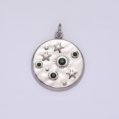 Stainless Steel Clear, Green CZ Celestial Sun Star Hammered Round Charm in Gold &amp; Silver | P675