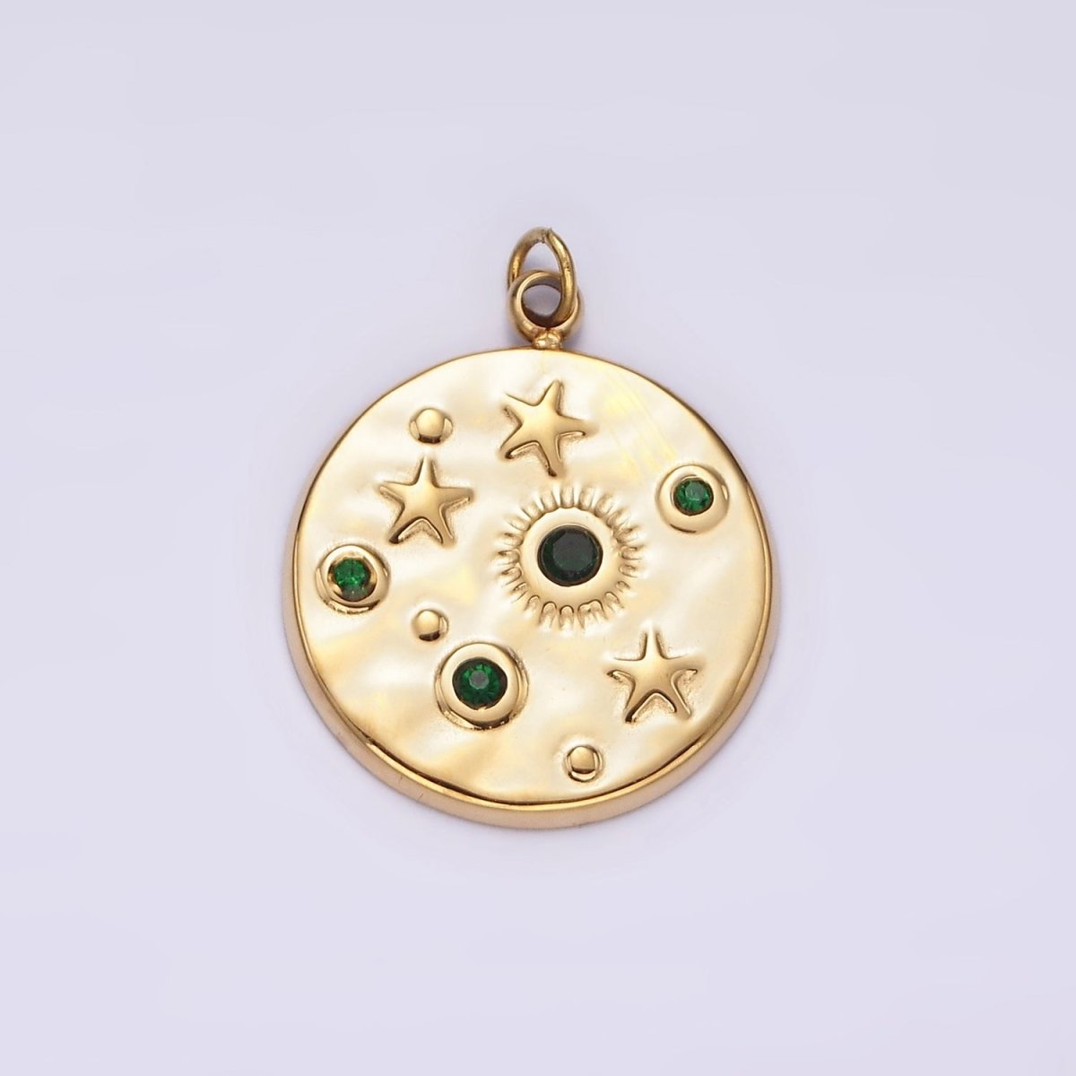 Stainless Steel Clear, Green CZ Celestial Sun Star Hammered Round Charm in Gold &amp; Silver | P675