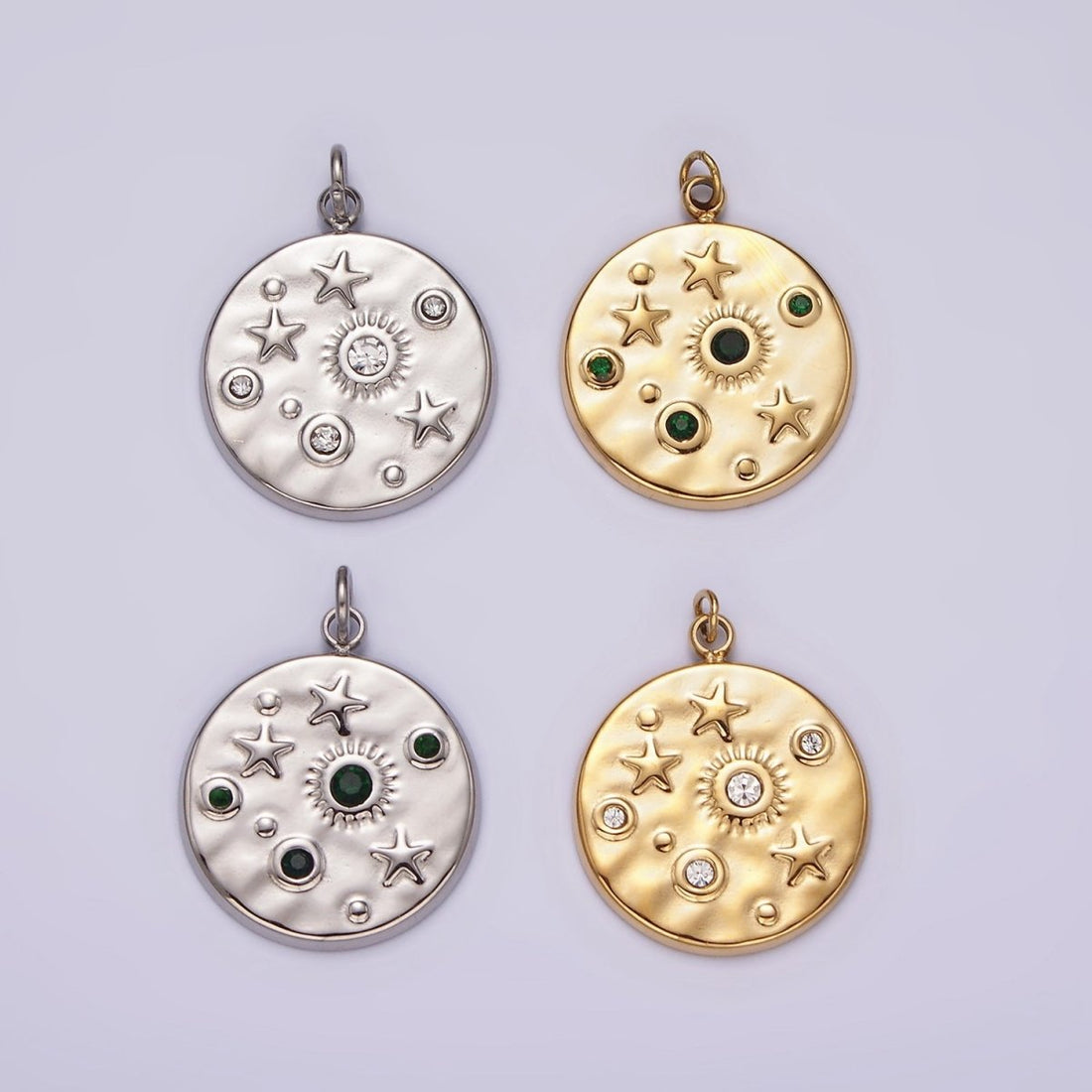 Stainless Steel Clear, Green CZ Celestial Sun Star Hammered Round Charm in Gold &amp; Silver | P675
