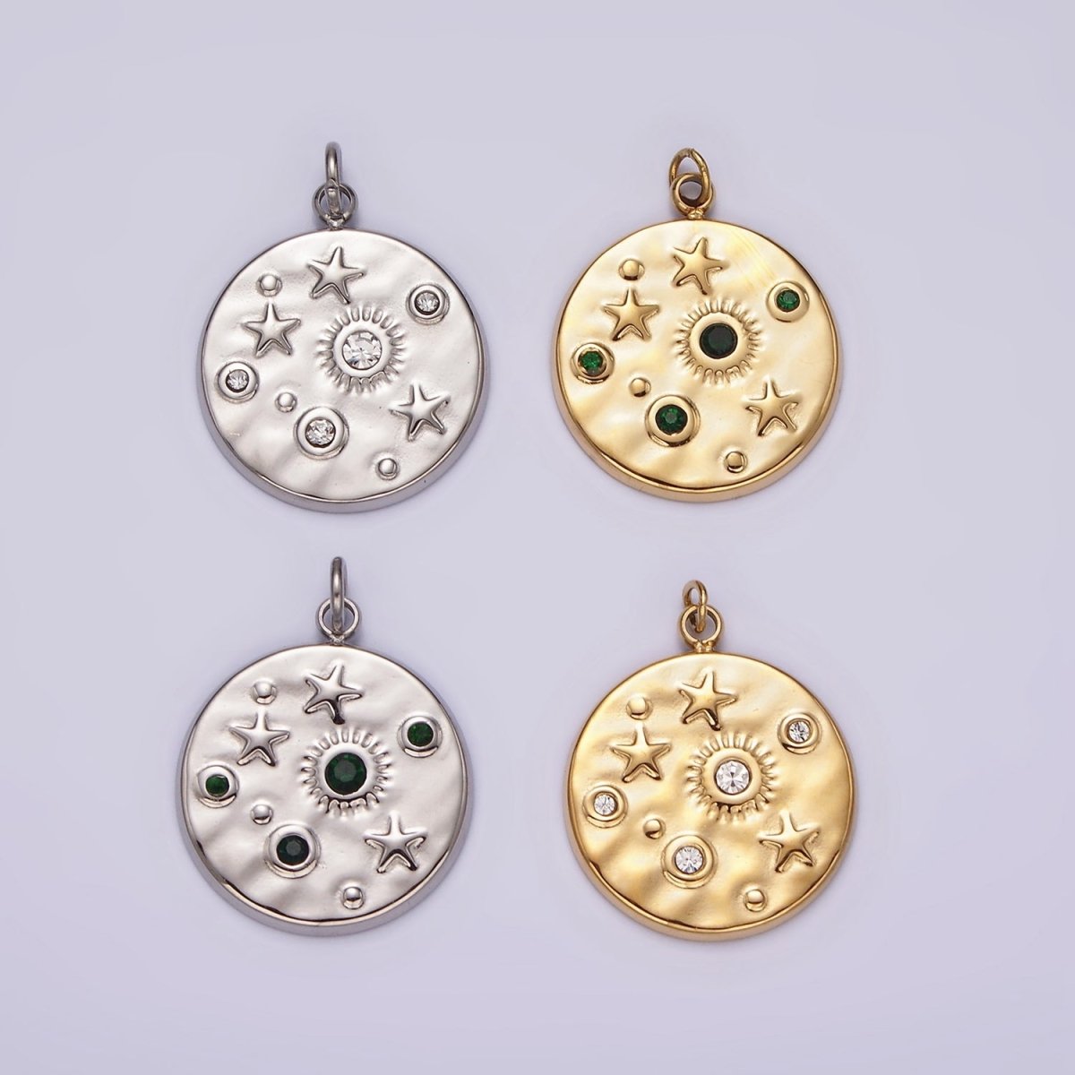 Stainless Steel Clear, Green CZ Celestial Sun Star Hammered Round Charm in Gold &amp; Silver | P675