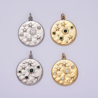Stainless Steel Clear, Green CZ Celestial Sun Star Hammered Round Charm in Gold &amp; Silver | P675