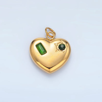 Stainless Steel Clear, Green, Red CZ Baguette Star Chubby Heart Charm | P694