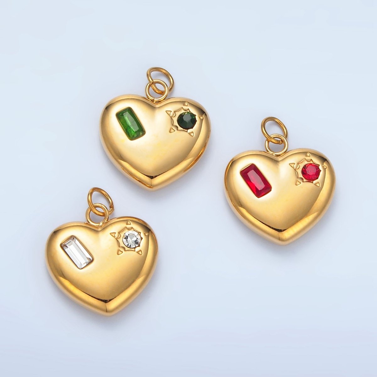 Stainless Steel Clear, Green, Red CZ Baguette Star Chubby Heart Charm | P694