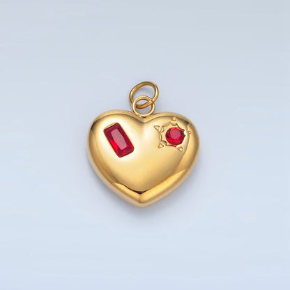 Stainless Steel Clear, Green, Red CZ Baguette Star Chubby Heart Charm | P694
