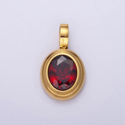 Stainless Steel Clear, Green, Red, Pink Multifaceted CZ Oval Pendant | P-839~P-840