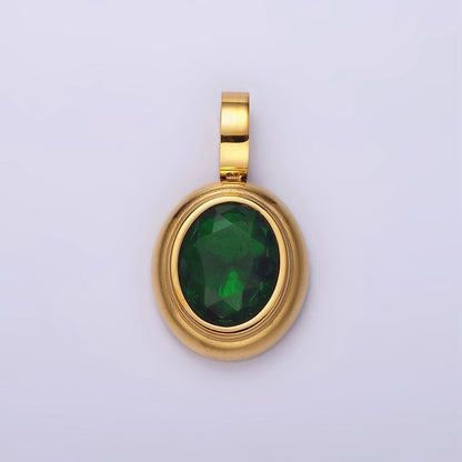 Stainless Steel Clear, Green, Red, Pink Multifaceted CZ Oval Pendant | P-839~P-840