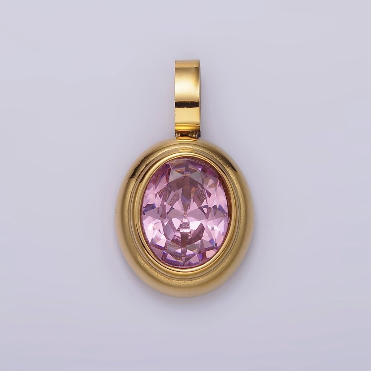 Stainless Steel Clear, Green, Red, Pink Multifaceted CZ Oval Pendant | P-839~P-840