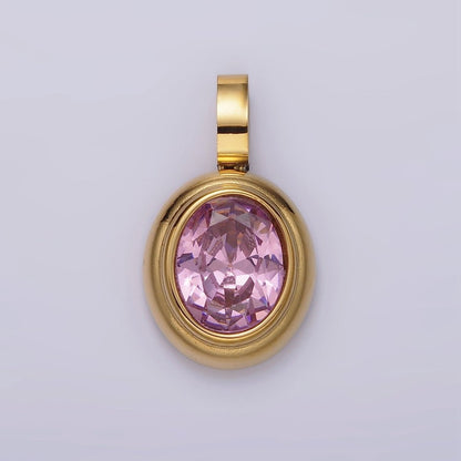 Stainless Steel Clear, Green, Red, Pink Multifaceted CZ Oval Pendant | P-839~P-840