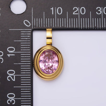 Stainless Steel Clear, Green, Red, Pink Multifaceted CZ Oval Pendant | P-839~P-840