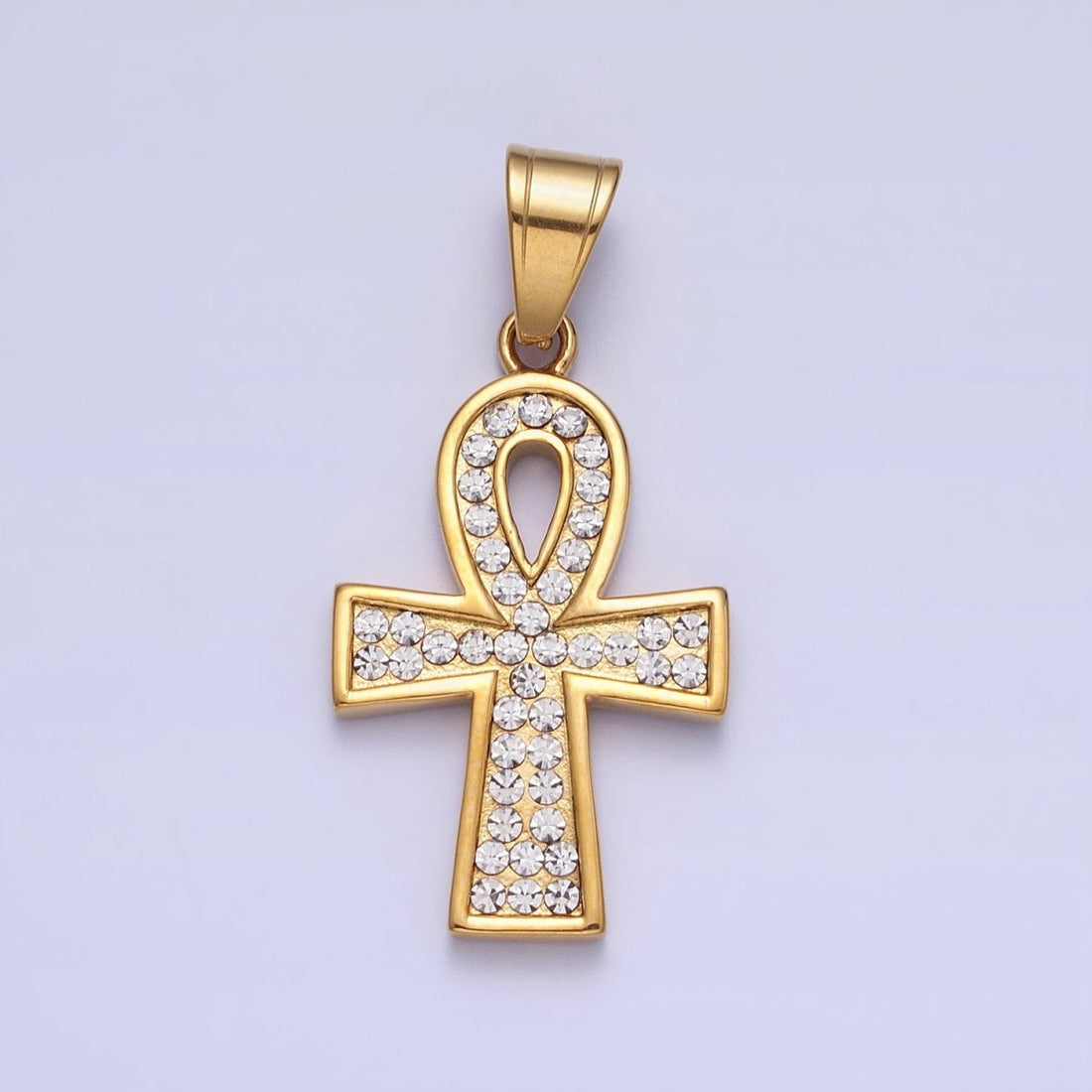 Stainless Steel Clear Micro Paved CZ Egyptian Ankh Key Cross Gold Pendant J-796