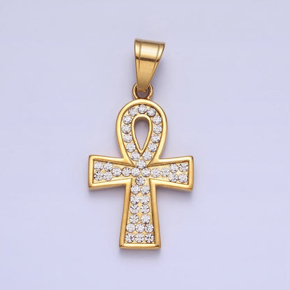 Stainless Steel Clear Micro Paved CZ Egyptian Ankh Key Cross Gold Pendant J-796